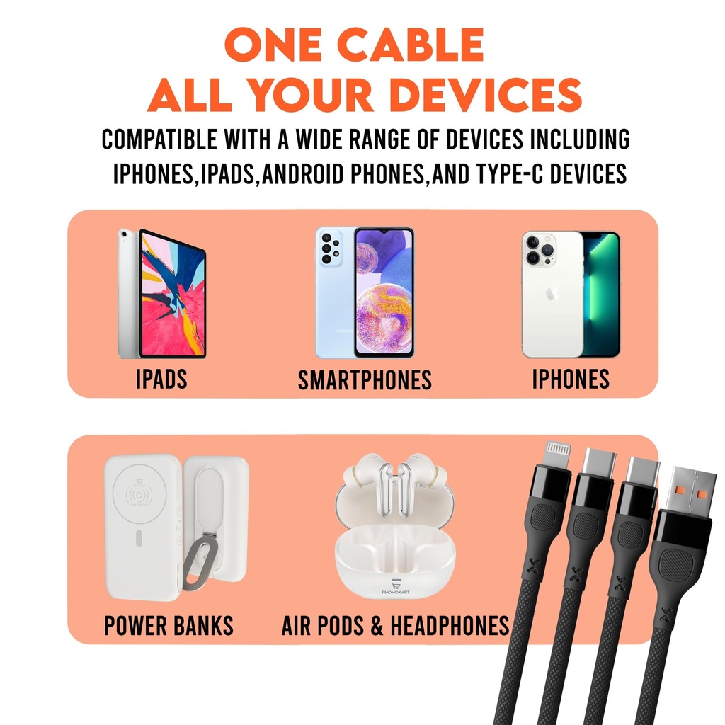 Cable Mobile Phonokart Super Vooc 3in1 Cable Lightning/Type C/Micro USB 6A