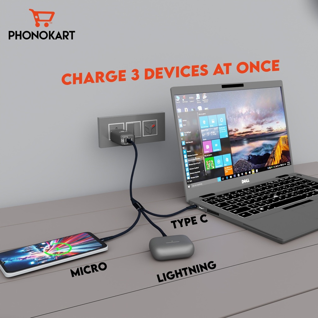 Cable Mobile Phonokart Super Vooc 3in1 Cable Lightning/Type C/Micro USB 6A